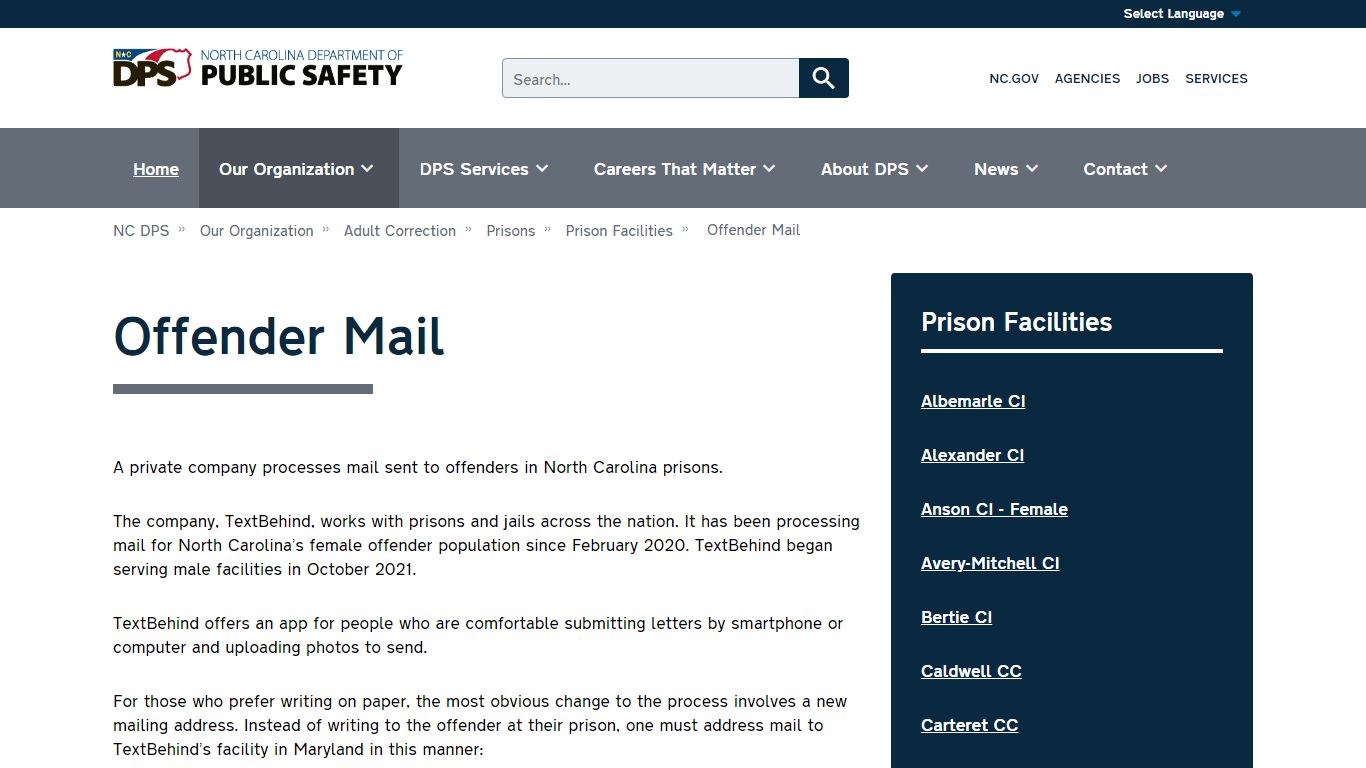 Offender Mail | NC DPS - North Carolina Department of Public Safety